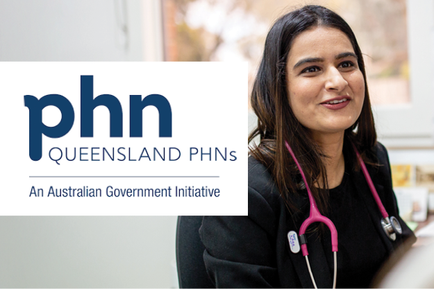 Photo of a GP and the QLD PHN logo overlaid